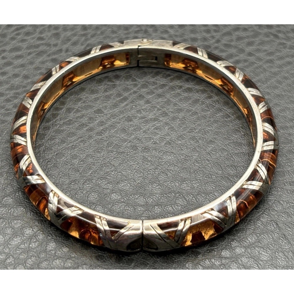 Angelique de Paris Sterling Silver 925 Faux Amber Bamboo Pattern Bangle Bracelet